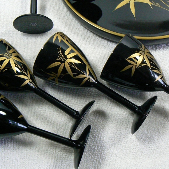 VTG black lacquer Bamboo design gold on black lacquer set of 6 goblets tray Box - Picture 11 of 12
